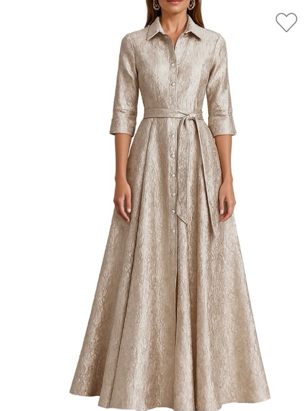 Elegant Champagne Lace Button-Front Maxi Dress with Belt